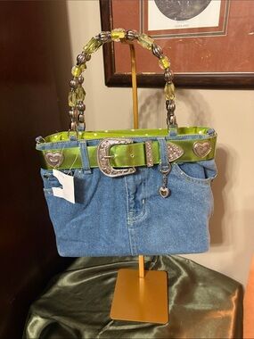 Denim Structured Tote with Lime Green Trim & Beaded Handles • Boutique Style • 2